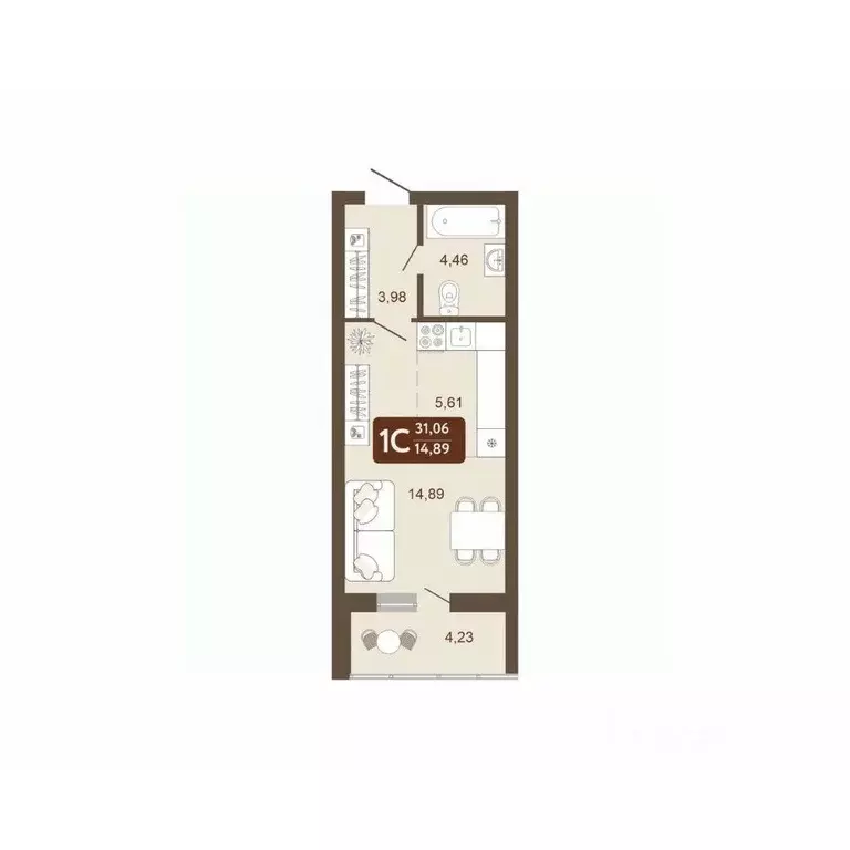 Студия Кемеровская область, Кемерово 58В мкр, 1 (31.06 м) - Фото 2