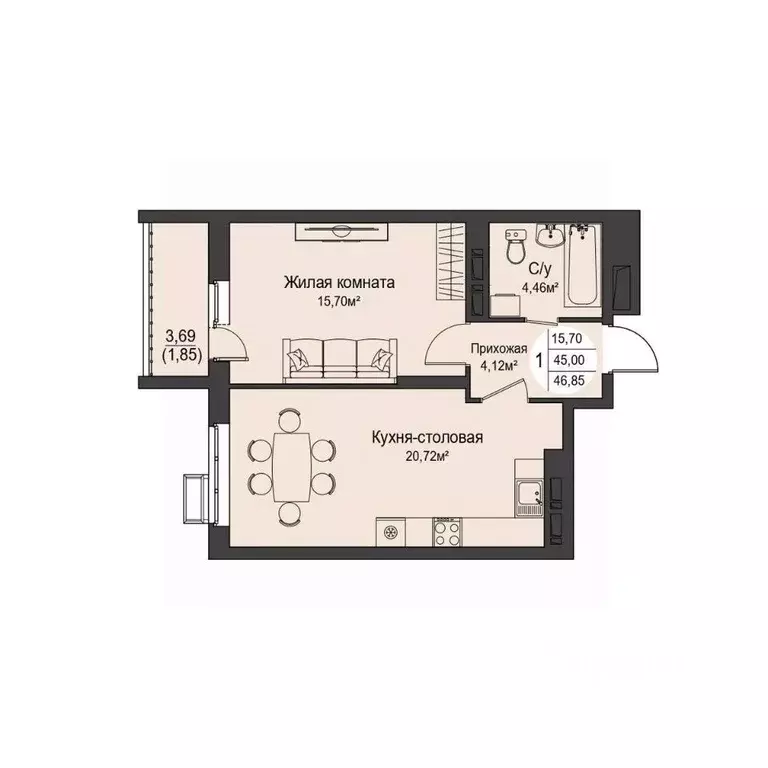 1-к кв. Орловская область, Орел ул. Кузнецова, 1 (46.85 м) - Фото 1