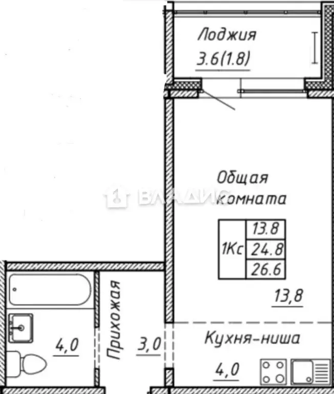 Студия Новосибирская область, Новосибирск ул. Ясный Берег, 30/1 (26.6 ... - Фото 1