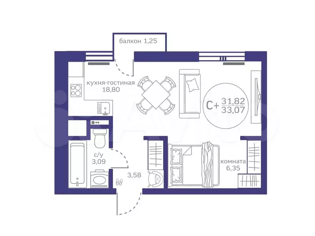 Квартира-студия, 31,8 м, 4/10 эт. - Фото 1