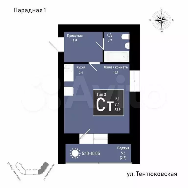 Квартира-студия, 33,9 м, 2/11 эт. - Фото 0