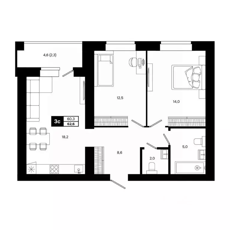 3-к кв. Новосибирская область, Кольцово рп ул. Благовещенская, 2 (62.6 ... - Фото 2