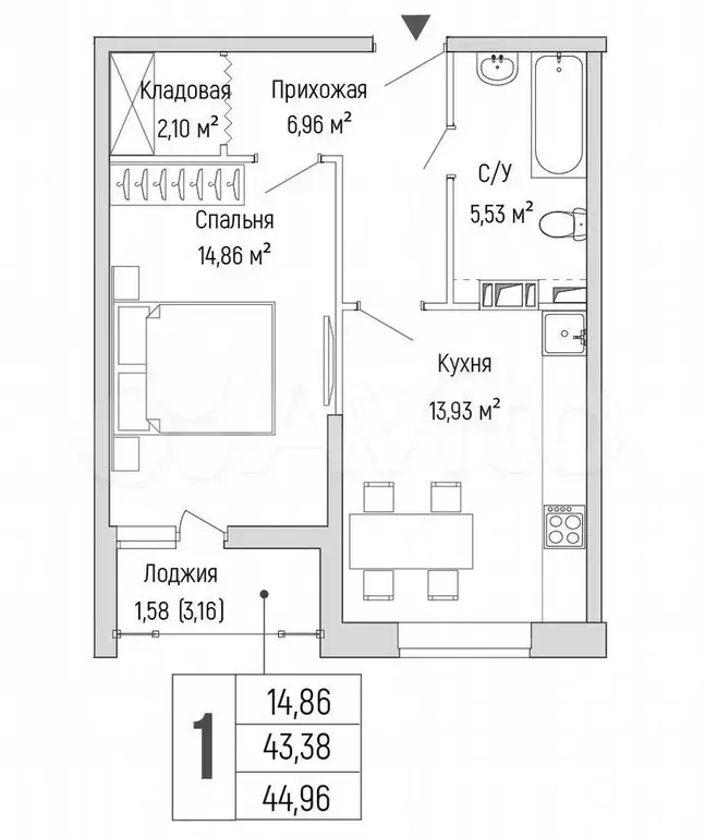 1-к. квартира, 45 м, 3/9 эт. - Фото 0