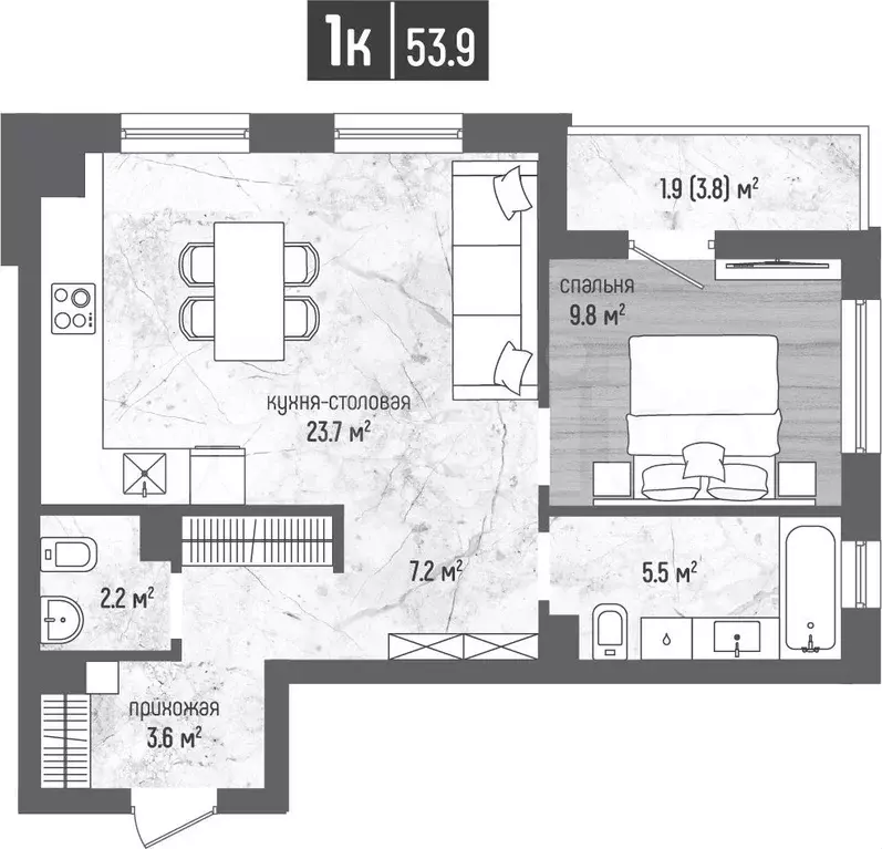1-к. квартира, 53,9 м, 4/5 эт. - Фото 1