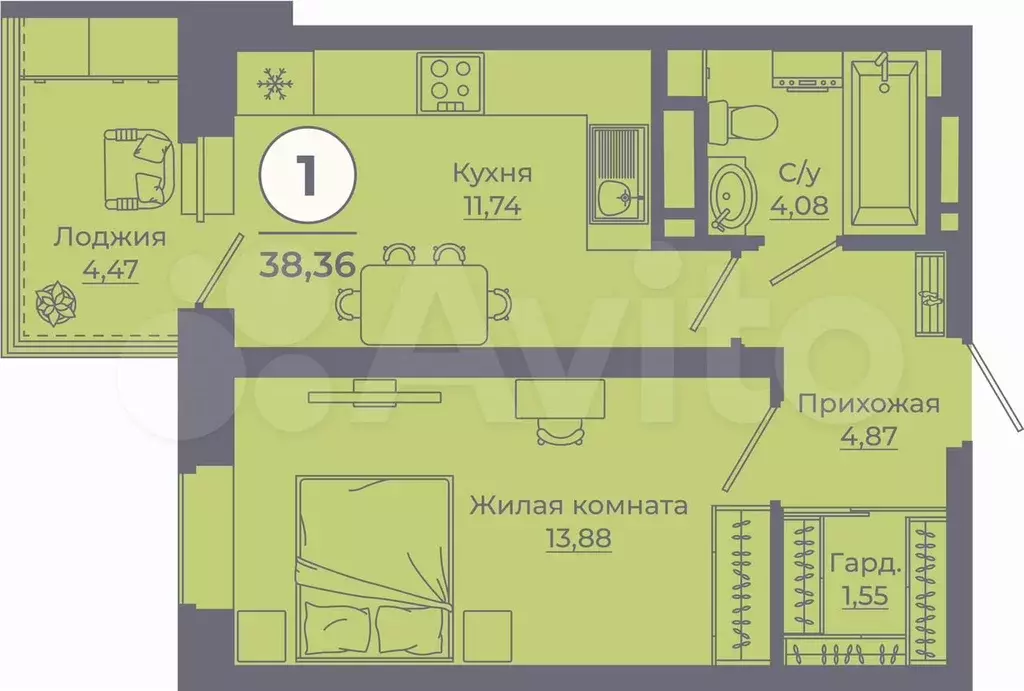 1-к. квартира, 38,4 м, 7/24 эт. - Фото 0