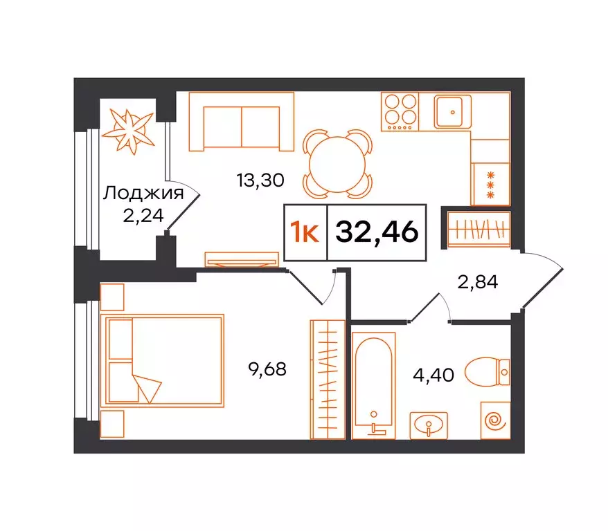 1-комнатная квартира: Тюмень, Полевая улица, 117к12 (32.46 м) - Фото 1