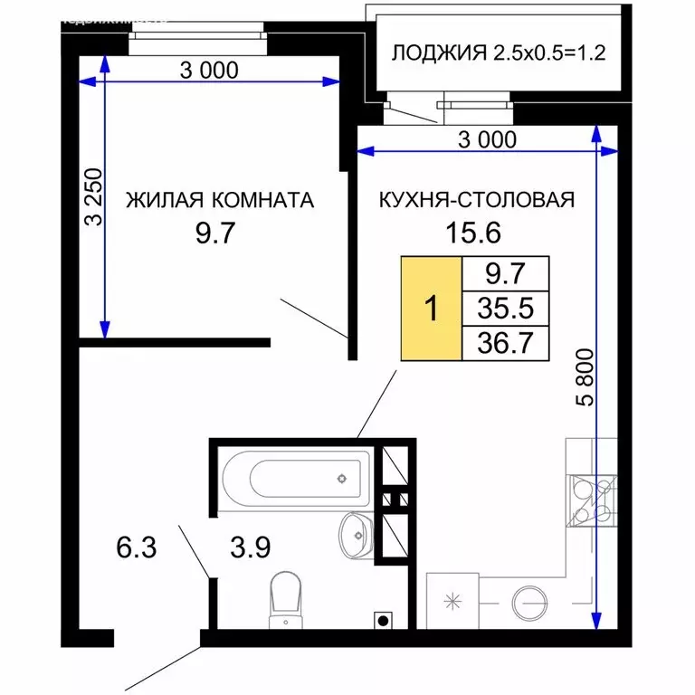 1-комнатная квартира: Краснодар, улица Лётчика Позднякова, 47 (36.7 м) - Фото 1