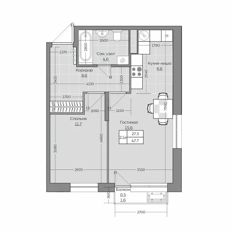 2-комнатная квартира: село Усады, улица Тёплых Встреч, 7 (47.72 м) - Фото 1