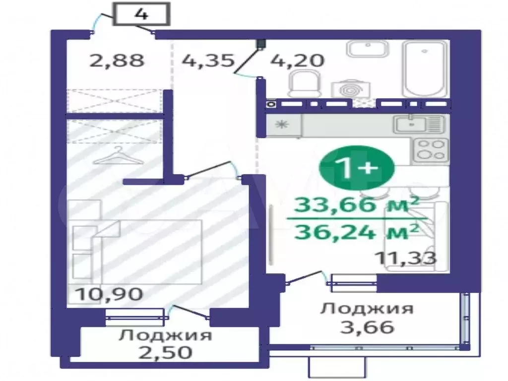 1-к. квартира, 33,7 м, 10/12 эт. - Фото 1
