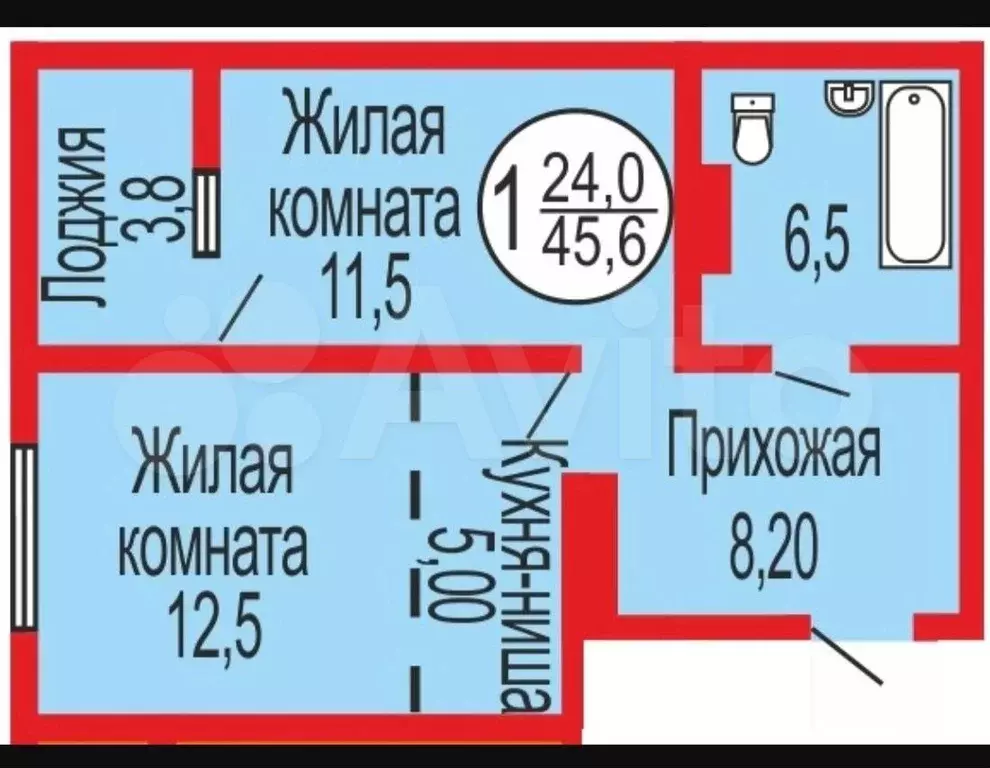 1-к. квартира, 45,6 м, 6/17 эт. - Фото 0