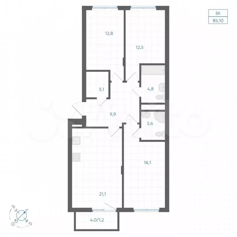 3-к. квартира, 85,1 м, 9/18 эт. - Фото 0