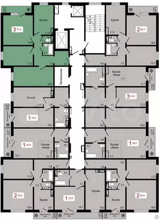 3-к. квартира, 77 м, 3/17 эт. - Фото 1