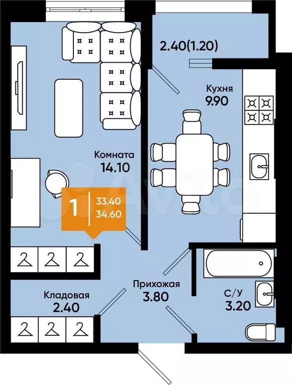 1-к. квартира, 34,6 м, 7/9 эт. - Фото 0