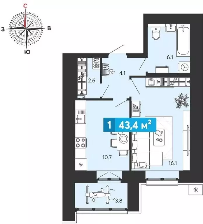 1-комнатная квартира: Засечное, микрорайон Город Спутник (43.4 м) - Фото 1