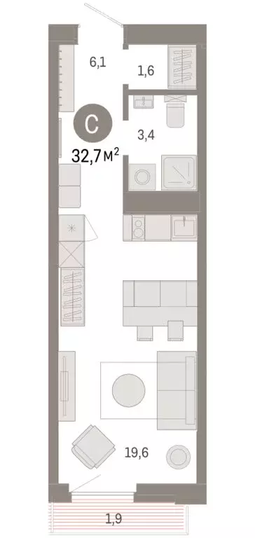 Квартира-студия: Тюмень, жилой комплекс Зарека (32.72 м) - Фото 1
