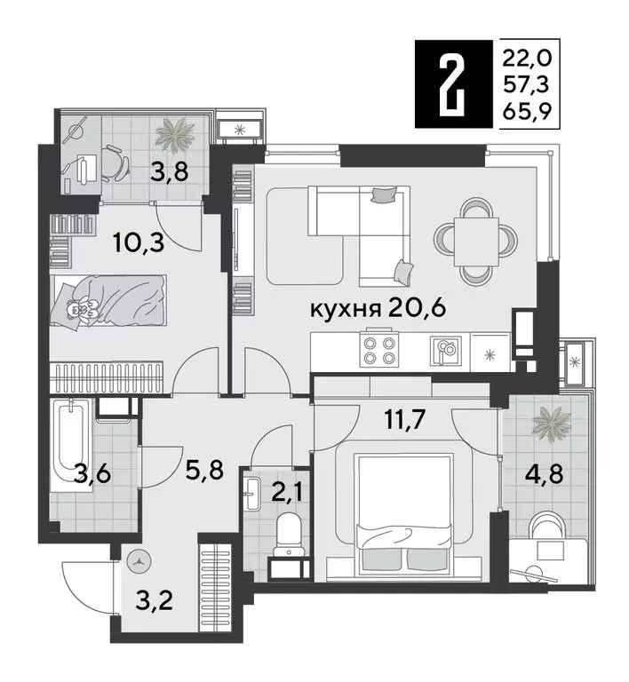 2-комнатная квартира: Краснодар, микрорайон Парк Победы (65.9 м) - Фото 1