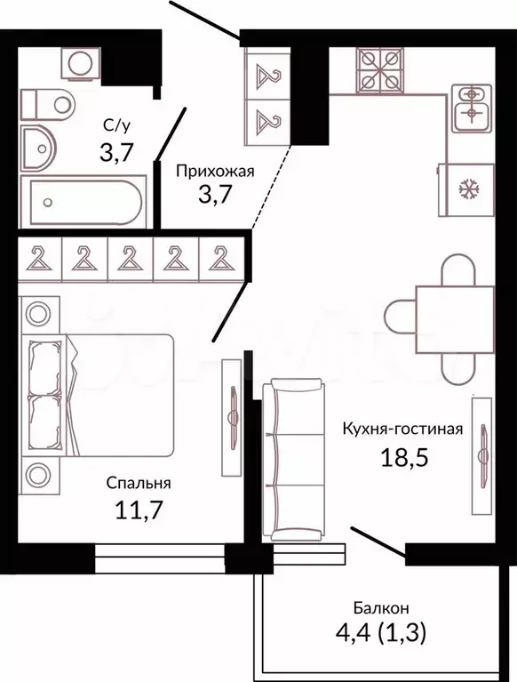 1-к. квартира, 40,2 м, 5/22 эт. - Фото 0