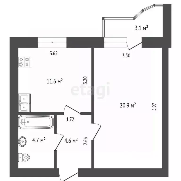 1-к кв. Тюменская область, Тюмень ул. Баумана, 31/2 (41.8 м) - Фото 1
