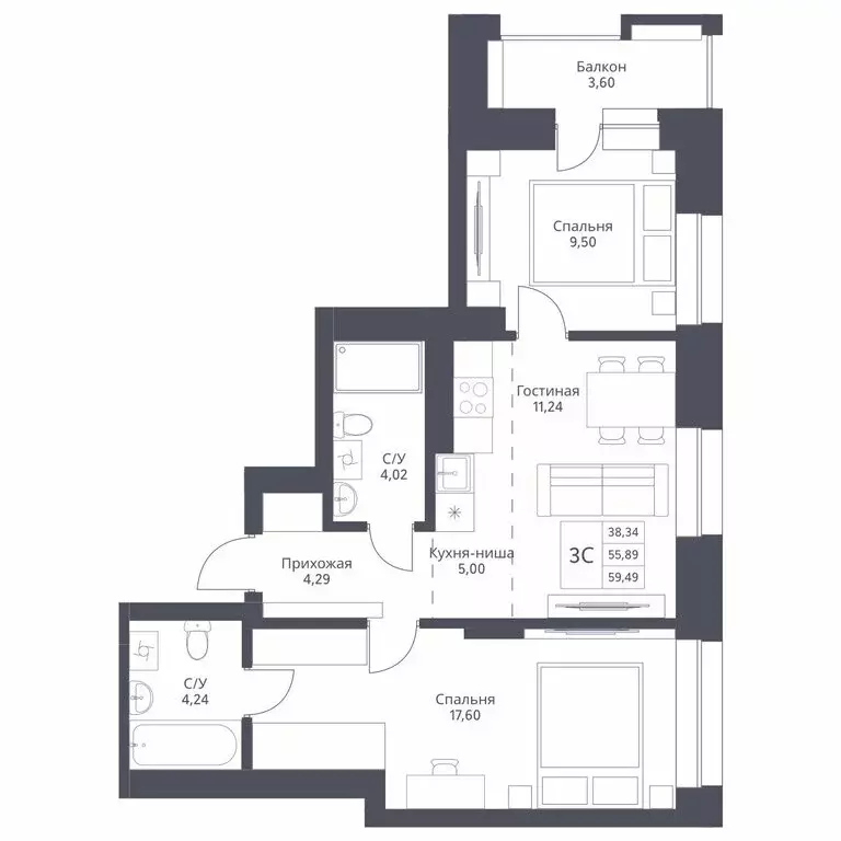 3-комнатная квартира: Новосибирск, улица Дуси Ковальчук, 246 (59.49 м) - Фото 0
