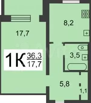 1-к. квартира, 36 м, 4/9 эт. - Фото 0