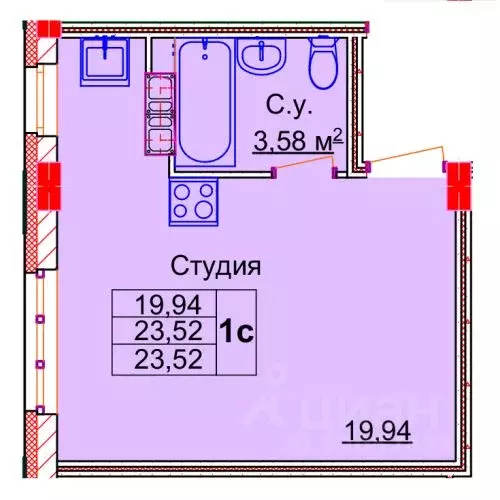 Студия Ивановская область, Иваново Лежневская ул., 98 (23.52 м) - Фото 0