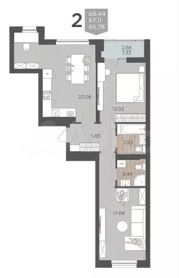 2-к. квартира, 67,1 м, 6/9 эт. - Фото 1