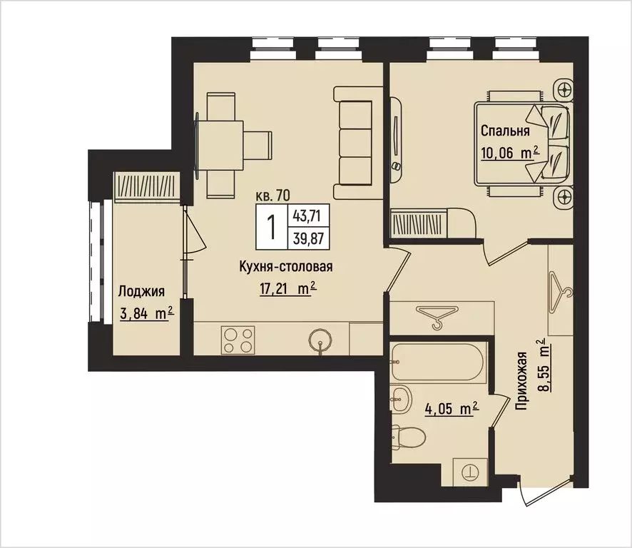 1-комнатная квартира: Нижний Новгород, Литературная улица, 5 (43.71 м) - Фото 1