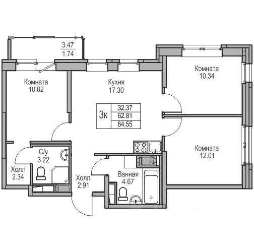 3-к кв. Санкт-Петербург ул. Ивинская, 1к3 (64.55 м) - Фото 1