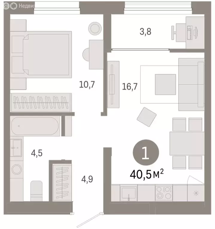1-комнатная квартира: Тюмень, жилой комплекс Республики 205 (40.49 м) - Фото 1