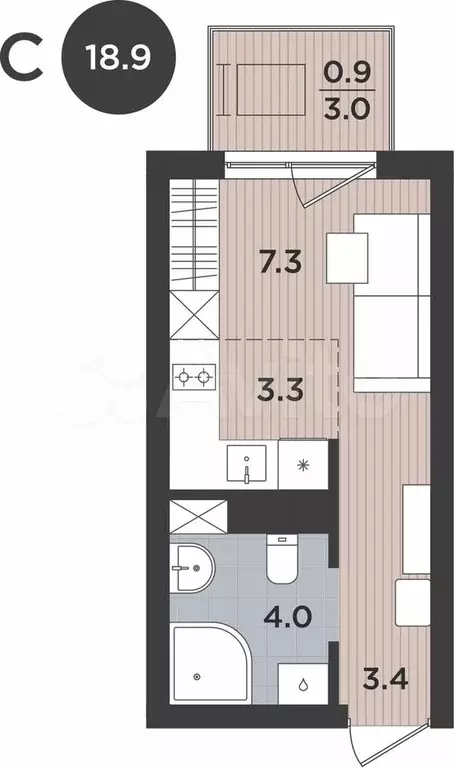 1-к. квартира, 18,9 м, 8/9 эт. - Фото 1