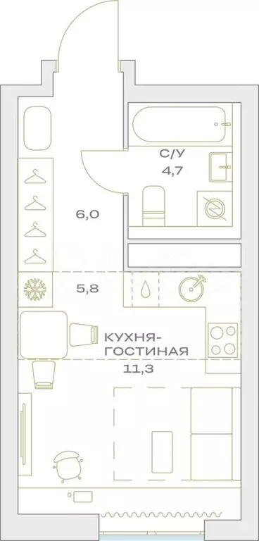 Квартира-студия, 27,8 м, 11/23 эт. - Фото 1