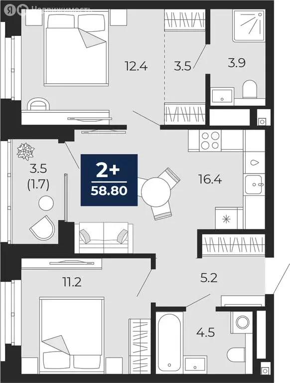 2-комнатная квартира: Тюмень, проезд Капитана Куликова, 5 (60.6 м) - Фото 1