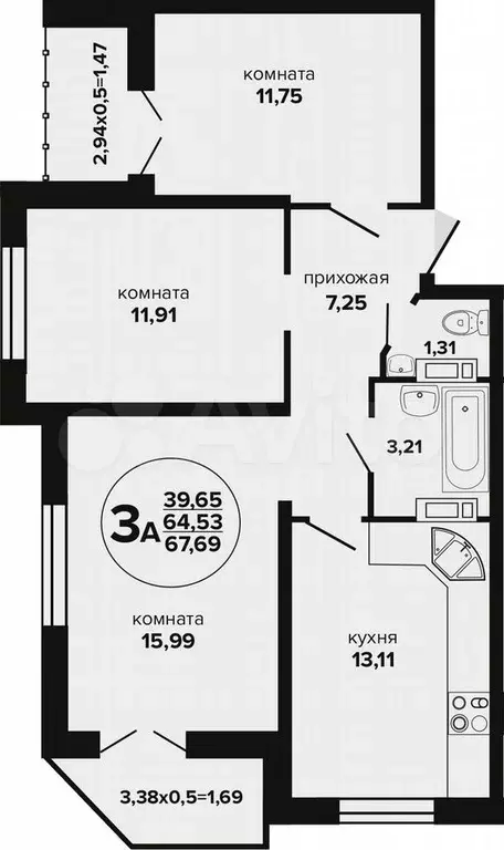 3-к. квартира, 67,7 м, 23/24 эт. - Фото 1
