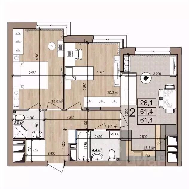 2-к кв. Рязанская область, Рязань ул. Новоселов, 33Б (61.4 м) - Фото 1