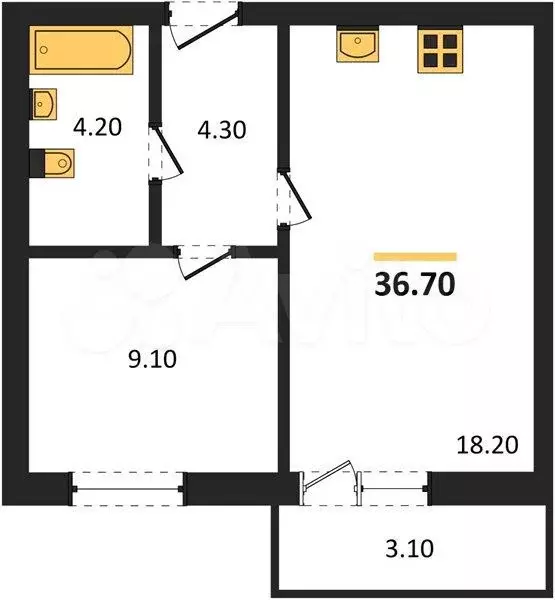 1-к. квартира, 36,7 м, 3/8 эт. - Фото 1