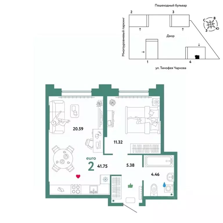 2-к кв. Тюменская область, Тюмень ул. Тимофея Чаркова, 93 (41.75 м) - Фото 0