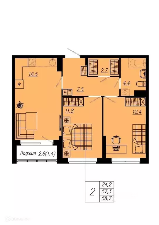 Продаётся 2-к квартира, 56.2 м - Фото 0