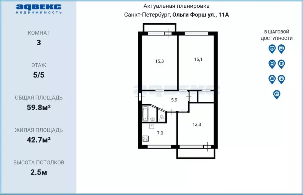 3-к кв. Санкт-Петербург ул. Ольги Форш, 11К1 (59.8 м) - Фото 2