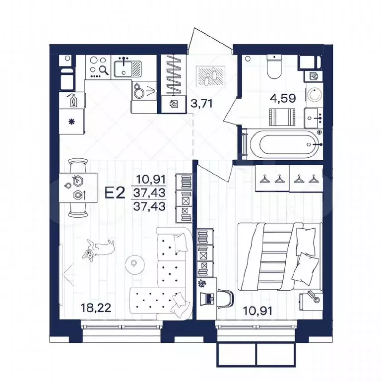 1-к. квартира, 37,4 м, 12/15 эт. - Фото 0