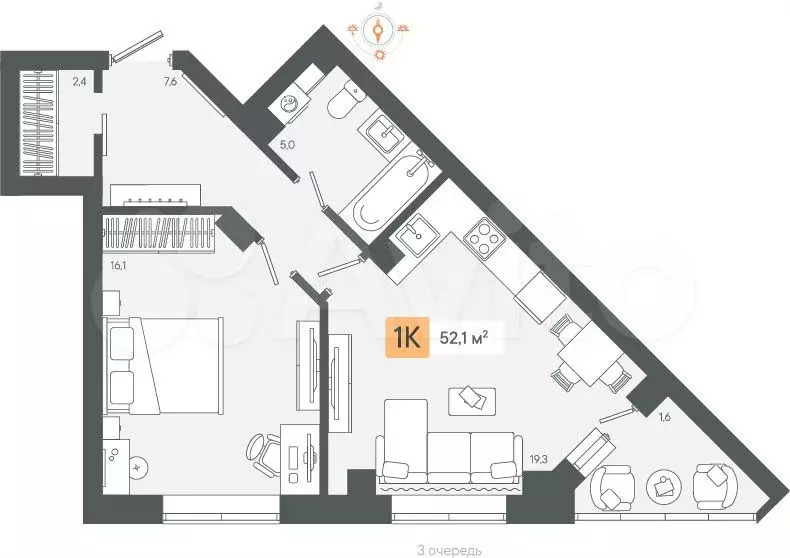 1-к. квартира, 52 м, 6/8 эт. - Фото 0