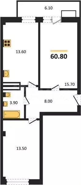 2-к. квартира, 60,8 м, 6/9 эт. - Фото 1