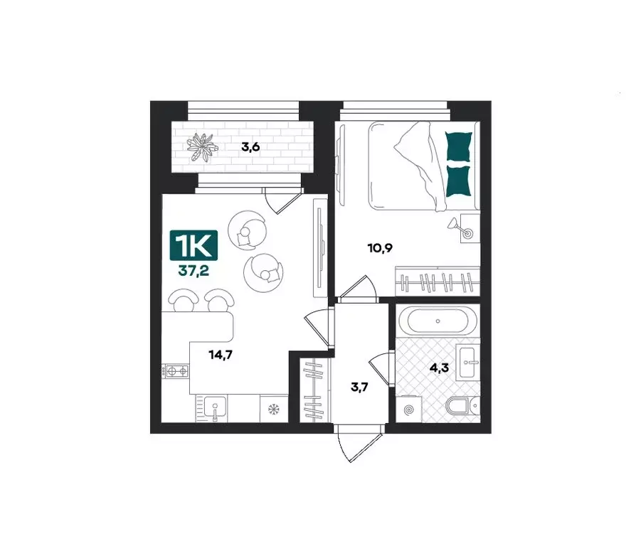 1-комнатная квартира: Тюмень, улица Евгения Войнова, 8 (37.2 м) - Фото 1