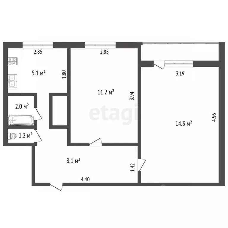 2-к кв. Ямало-Ненецкий АО, Новый Уренгой Юбилейная ул., 6 (41.9 м) - Фото 1