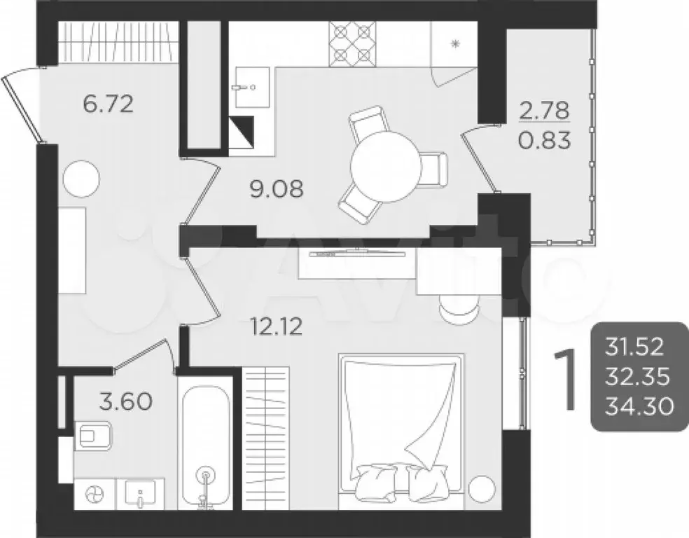 1-к. квартира, 32,4 м, 8/9 эт. - Фото 0