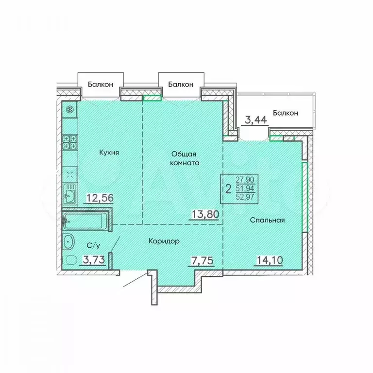 2-к. квартира, 53 м, 9/9 эт. - Фото 0