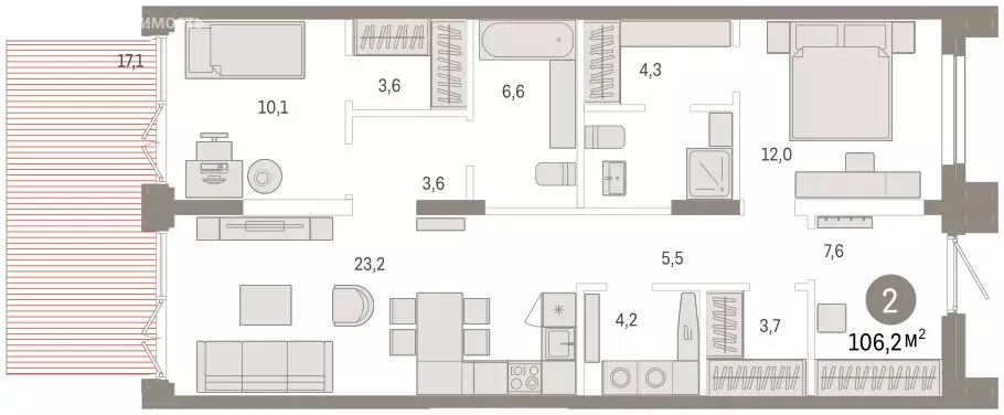 3-комнатная квартира: Тюмень, улица Республики, 205к2 (106.3 м) - Фото 2
