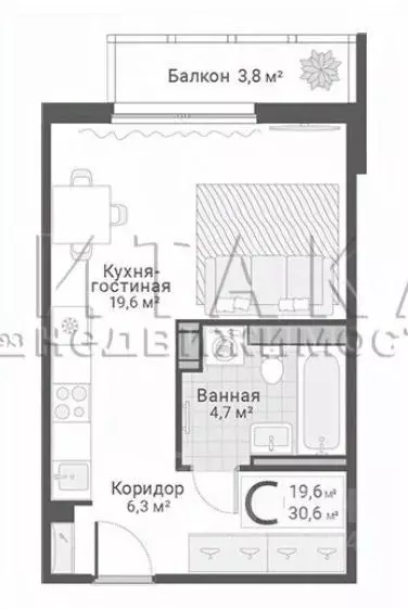 Студия Санкт-Петербург ул. Руднева, 15 (30.6 м) - Фото 1
