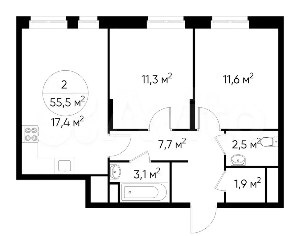 2-к. квартира, 55,5 м, 11/19 эт. - Фото 0