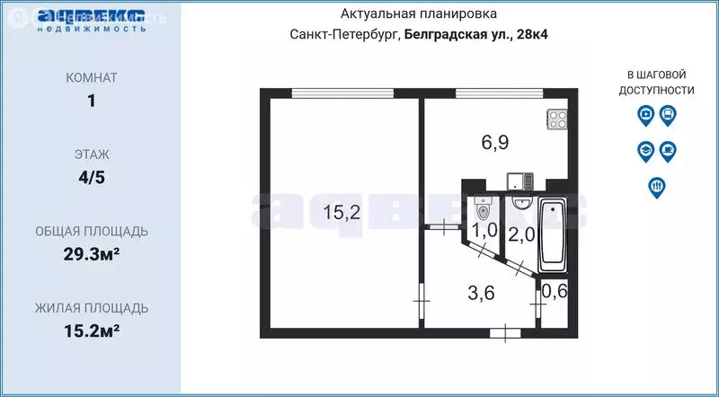 1-комнатная квартира: Санкт-Петербург, Белградская улица, 28к4 (29.3 ... - Фото 1