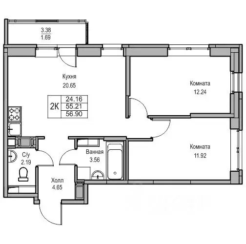 2-к кв. Санкт-Петербург ул. Ивинская, 5к2 (56.9 м) - Фото 1